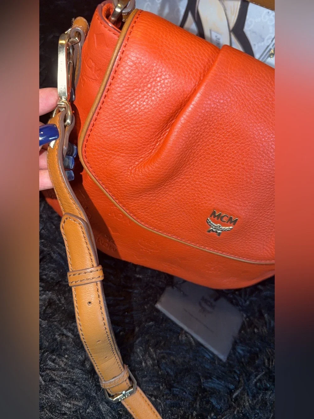 MCM Orange Pebbled Leather Shoulder Bag with Gold Logo